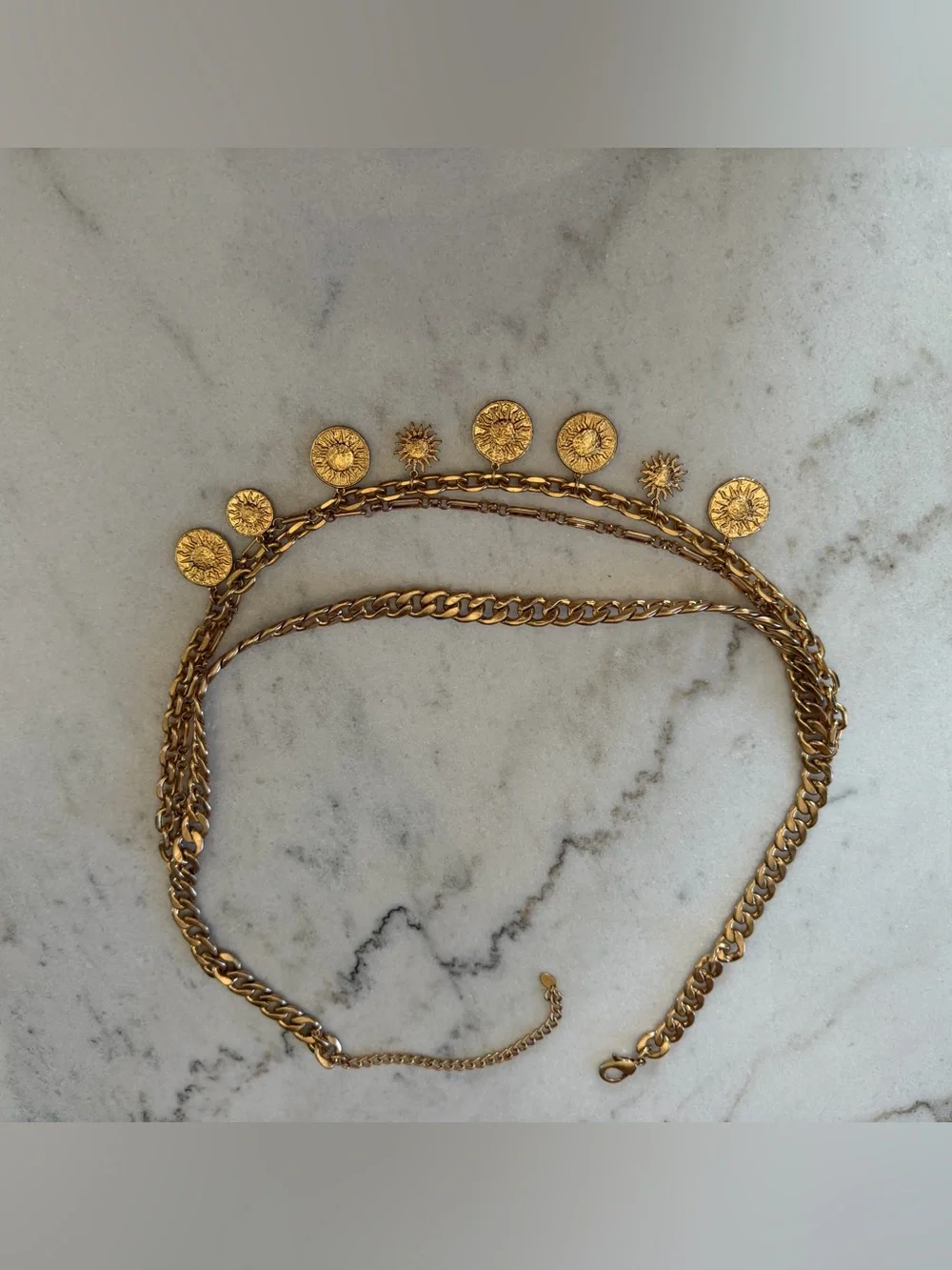 Zara Layered Gold Chain Charm Waist Belt | Coin & Sun Medallion Statement Belt